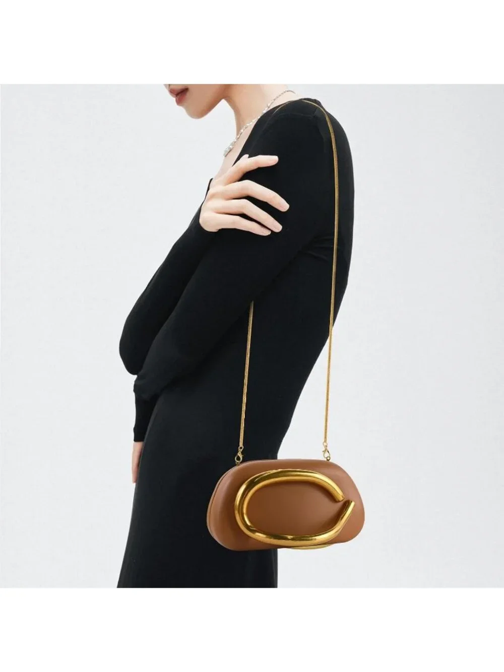 Women's Leather Brown Nylon Magnetic Buckle Closure Formal Evening Clutch Purses